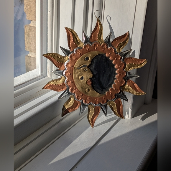 Vintage Boho Mexican Tin Punch Art Mirror, Sun And Moon/Celestial Theme - Picture 2 of 5